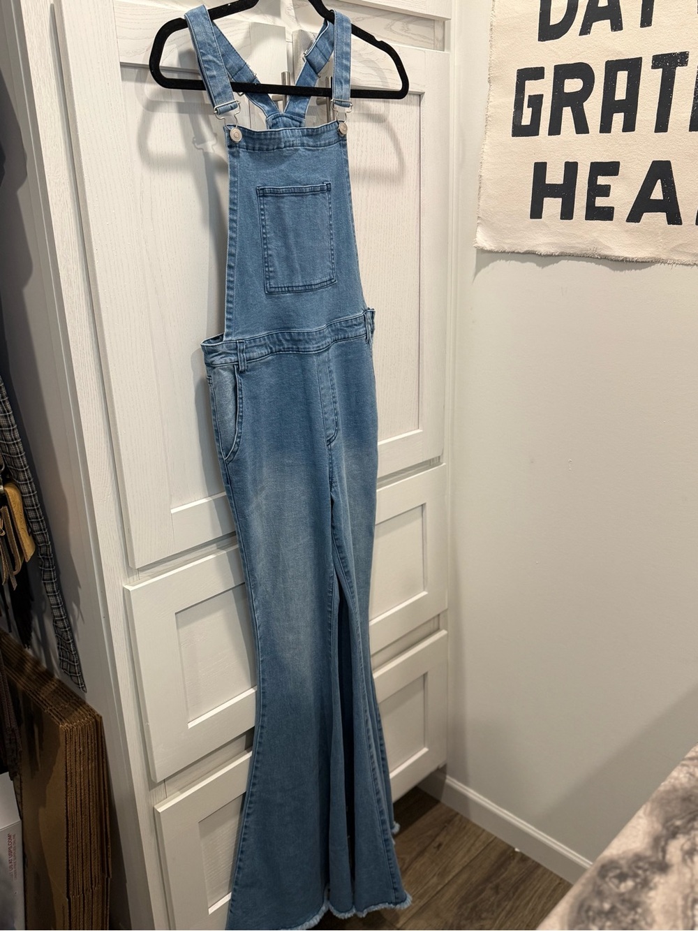 Light Wash Denim Flare Overalls - Classic Pocket Front - Picture 2 of 7